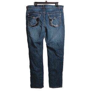 Touch Me Straight Jeans Womens 18 Medium Wash Flap Rhinestone Beaded Embroidered